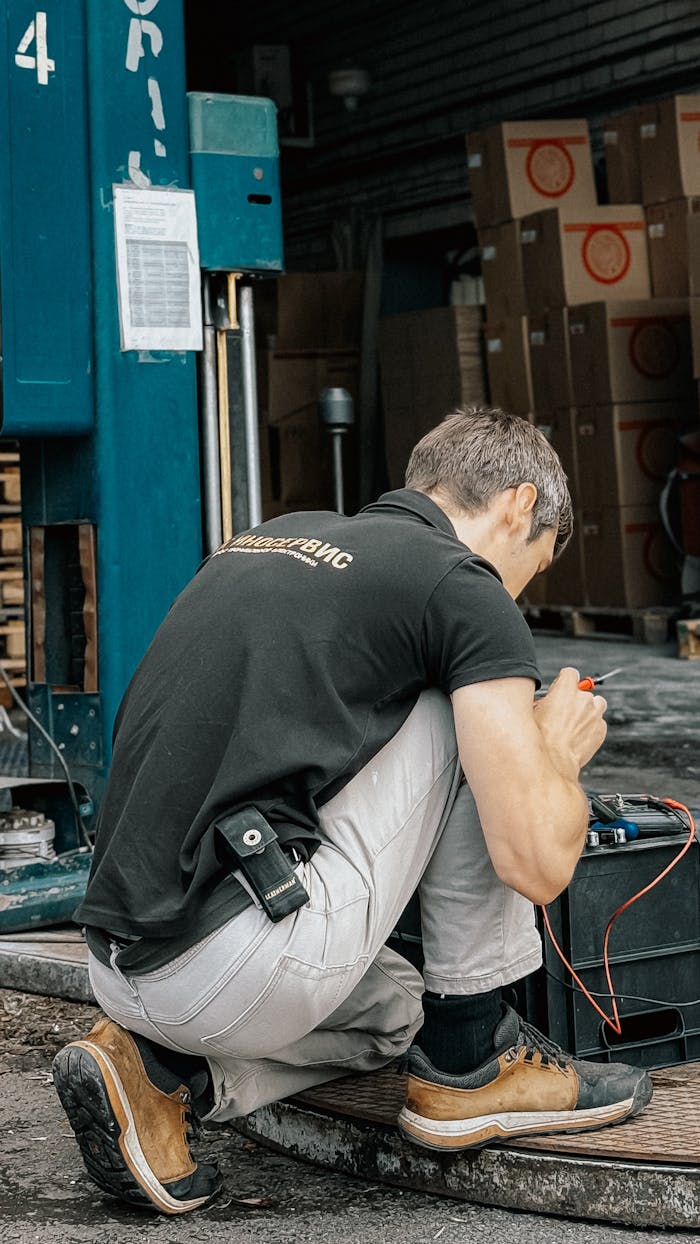 Technician crouching while repairing machinery at an outdoor warehouse with boxes in background.